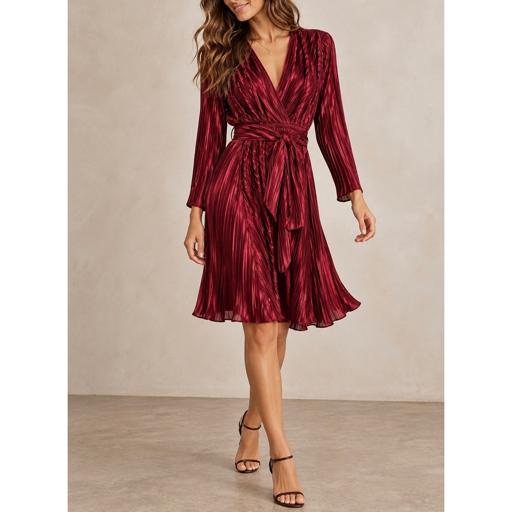 BIRU Pleated Mini Dress in Crimson Burgundy Red